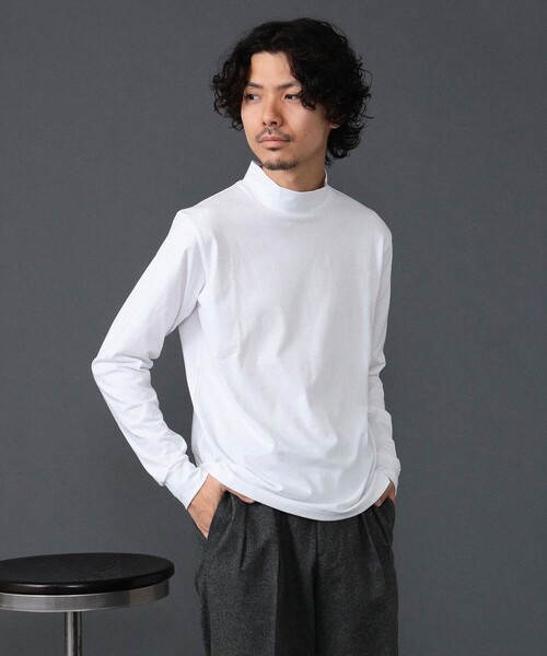 BEAMS F tシャツ コットン モックネック ロングスリーブ Tシャツ