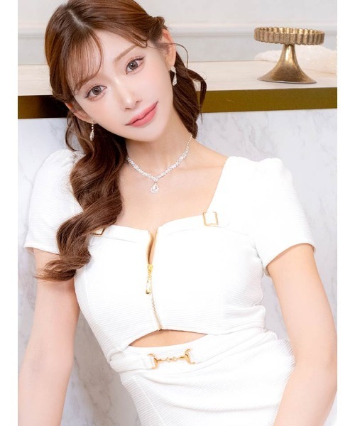 ドレス 「セクシー×シルエット美人」肌魅せでウエスト強調フロントジップバックルウエストカット半袖タイトミニドレス
