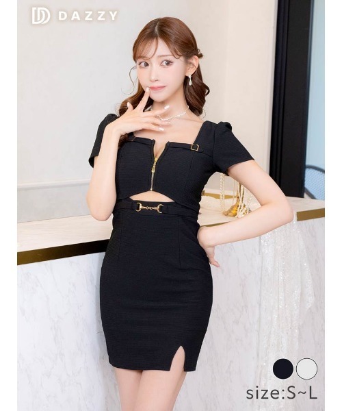 ドレス 「セクシー×シルエット美人」肌魅せでウエスト強調フロントジップバックルウエストカット半袖タイトミニドレス_3
