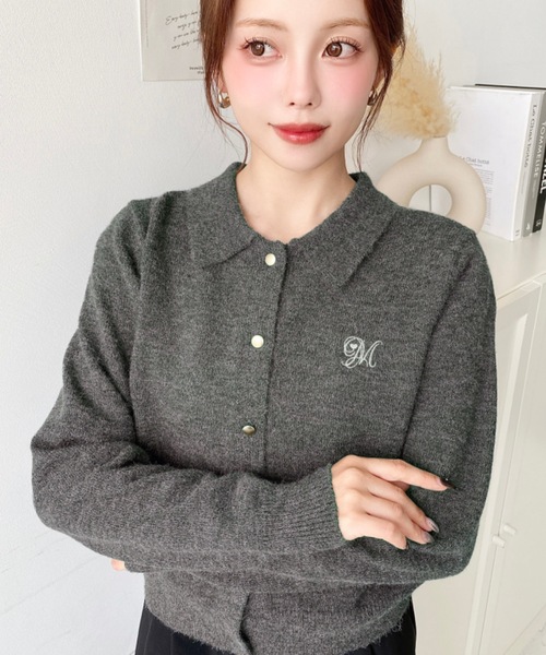 黒いボタン付きカーディガン Lサイズ moment+ カーディガン 刺繍入り金ボタン衿付きカーディガン レディース