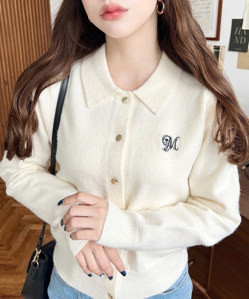 moment+ カーディガン 刺繍入り金ボタン衿付きカーディガン レディース