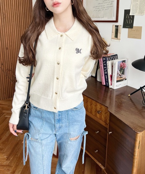 moment+ カーディガン 刺繍入り金ボタン衿付きカーディガン レディース