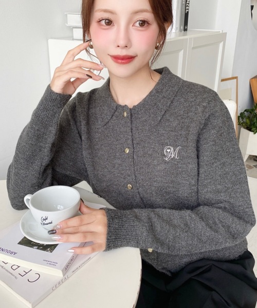 moment+ カーディガン 刺繍入り金ボタン衿付きカーディガン レディース