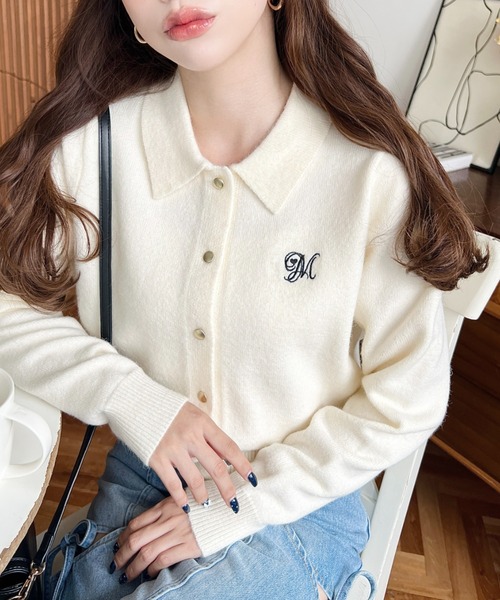 moment+ カーディガン 刺繍入り金ボタン衿付きカーディガン レディース