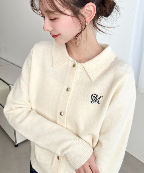 moment+ カーディガン 刺繍入り金ボタン衿付きカーディガン レディース