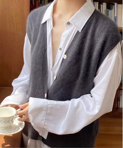 ベスト ジレ Vネックリブニットベストトップス レディース
