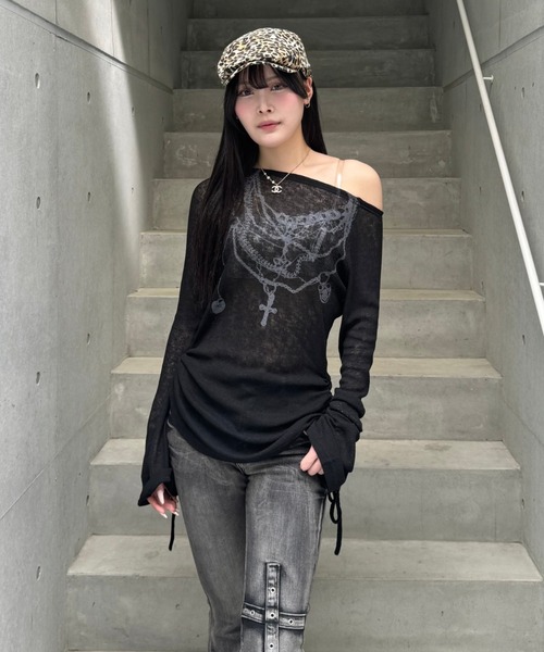 ZIPPER CLUB ニット セーター オフショルダーシアーデザインニット