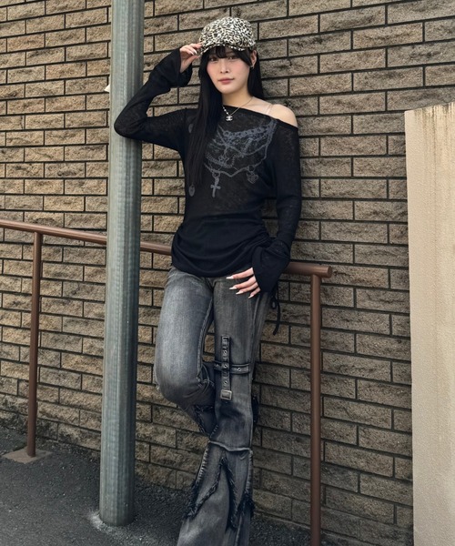 ZIPPER CLUB ニット セーター オフショルダーシアーデザインニット