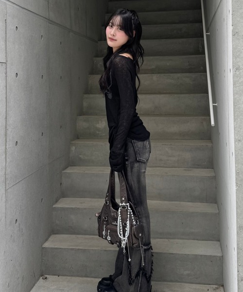 ZIPPER CLUB ニット セーター オフショルダーシアーデザインニット