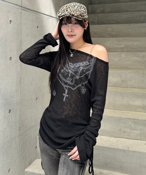 ZIPPER CLUB ニット セーター オフショルダーシアーデザインニット