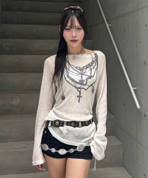 ZIPPER CLUB ニット セーター オフショルダーシアーデザインニット