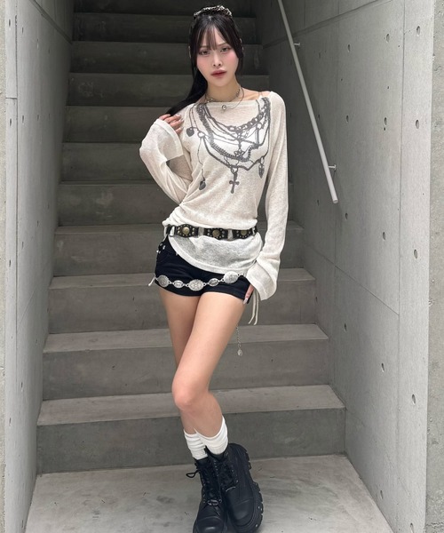 ZIPPER CLUB ニット セーター オフショルダーシアーデザインニット