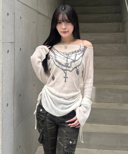 ZIPPER CLUB ニット セーター オフショルダーシアーデザインニット