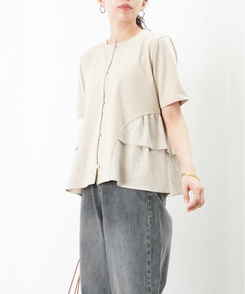 tシャツ LC/LLL 脇フリル前開きクルーネックTシャツ レディース