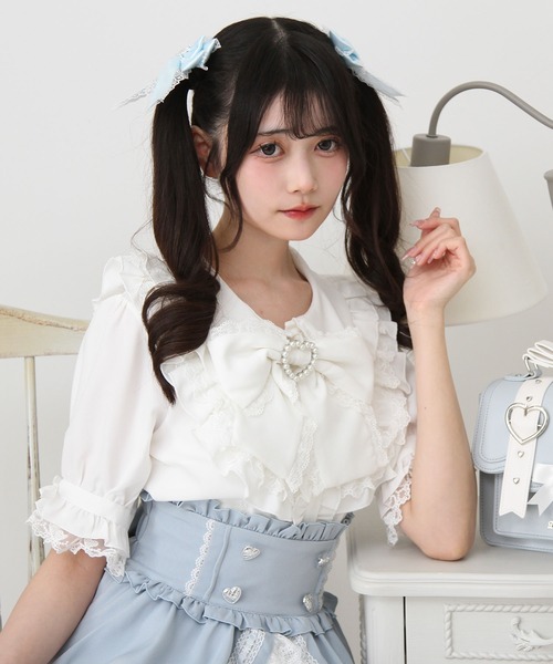 DearMyLove ブラウス シャツ 丸襟フリルヨークレースリボンブラウス