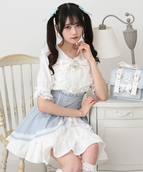 DearMyLove ブラウス シャツ 丸襟フリルヨークレースリボンブラウス