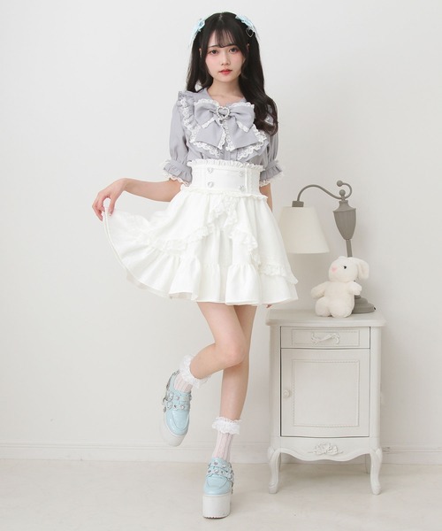 DearMyLove ブラウス シャツ 丸襟フリルヨークレースリボンブラウス