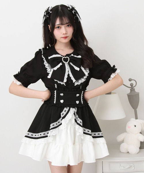 DearMyLove ブラウス シャツ 丸襟フリルヨークレースリボンブラウス