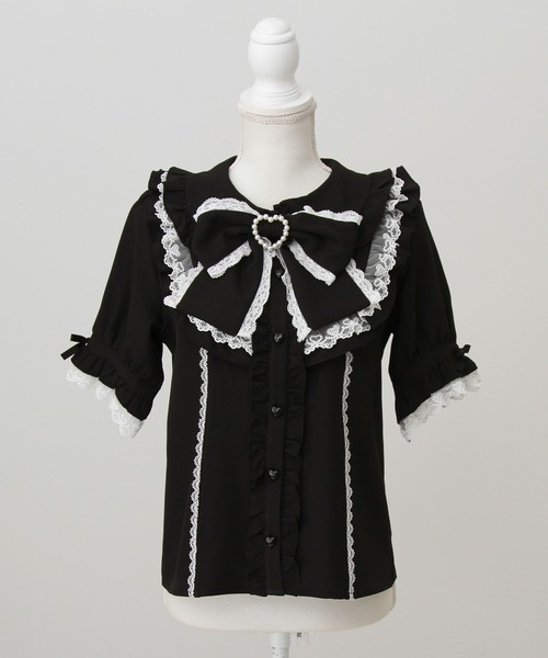 DearMyLove ブラウス シャツ 丸襟フリルヨークレースリボンブラウス