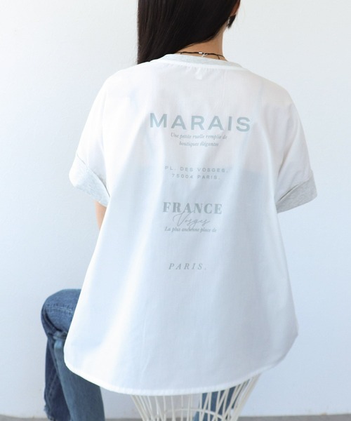 tシャツ バックプリント異素材バイカラープルオーバー レディース