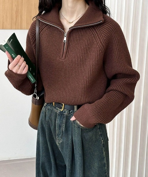 SEU ニット セーター ハーフジップニットトップス ショート丈