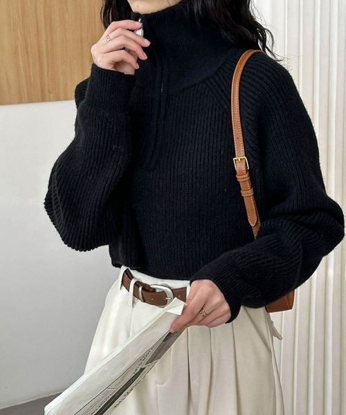 SEU ニット セーター ハーフジップニットトップス ショート丈