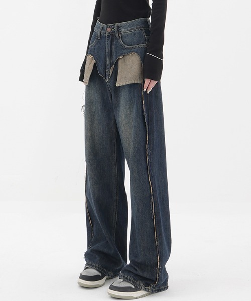 「Vipoa」 加工デニムパンツ LARGE ブルー レディース