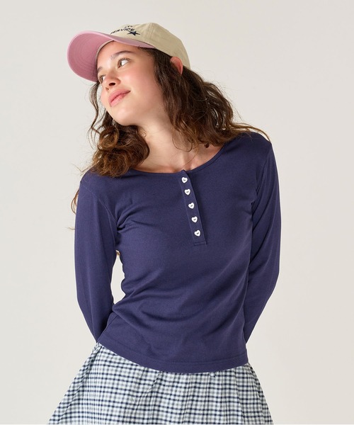 TINA：JOJUN tシャツ ハートボタン ヘンリーネック ロンT