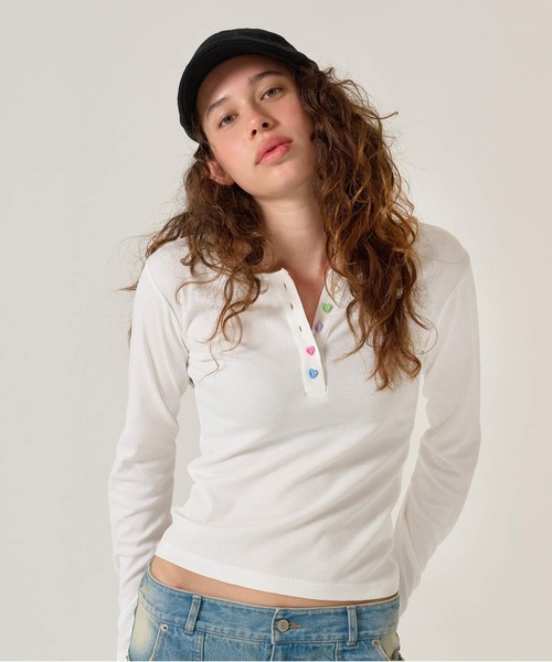 TINA：JOJUN tシャツ ハートボタン ヘンリーネック ロンT
