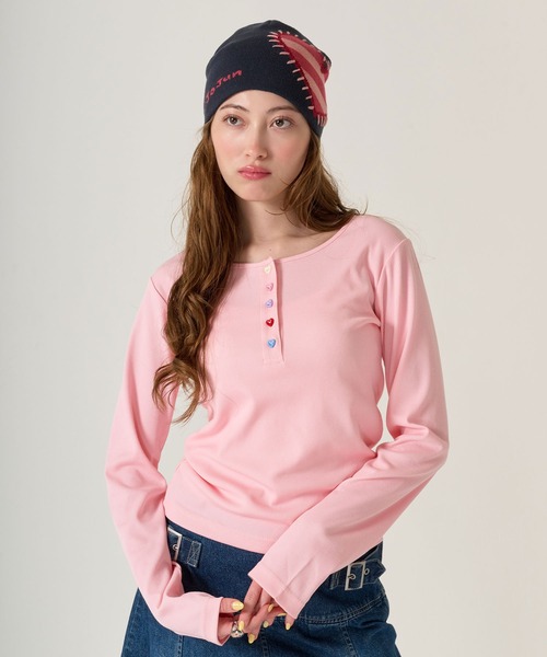 TINA：JOJUN tシャツ ハートボタン ヘンリーネック ロンT