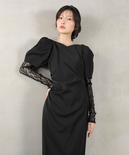 Kana ドレス レースアームカバー付き ドレープ パフスリーブ Iライン