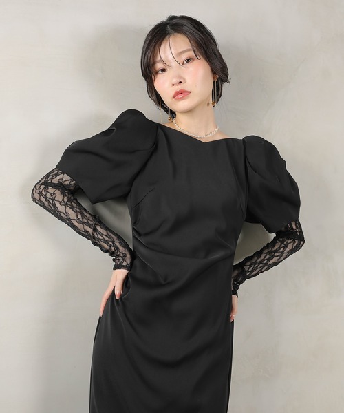 Kana ドレス レースアームカバー付き ドレープ パフスリーブ Iライン