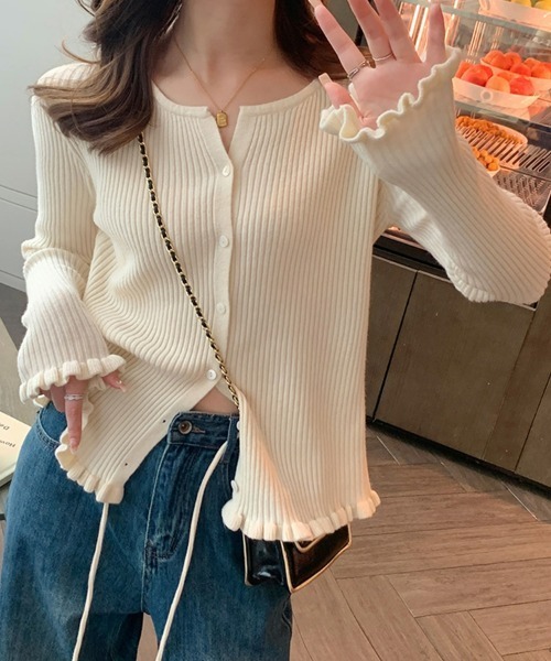 SEU カーディガン 春秋冬の大定番♪ フリルリブニットカーディガン