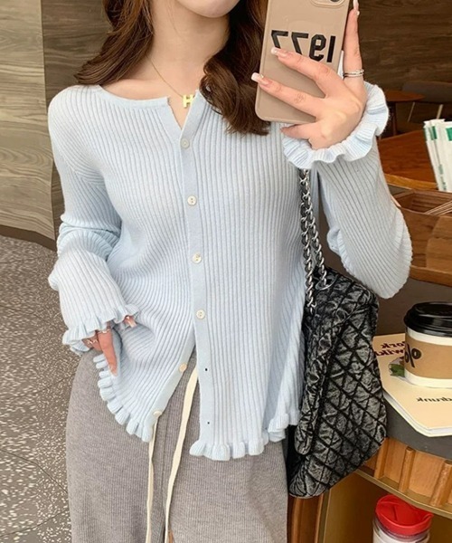 冬新作 大きいサイズ レディース トップス カーディガン フリル使いリブニットカーディガン カーデ フリルカーディガン フリル 5分袖 リブ ニット リブニット ギャザー Vネック ストレッチ 伸縮 無地 ゆったり 秋服 夏服 春服 LL 2L 3L 4L 5L ブラック 黒 ゴールドジャパン SEU カーディガン 春秋冬の大定番♪ フリルリブニットカーディガン
