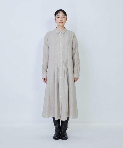 【美品】LOISIRロワズィール◆Aラインシャツワンピース◆リネン天然素材 LOISIR ロワズィール リネン100%シャツワンピース リボン ゆったり