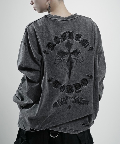 レフレム クロス刺繍半袖Tシャツ グレー REFLEM【レフレム】ドラゴン刺繍ダメージ半袖Tシャツ/全3色