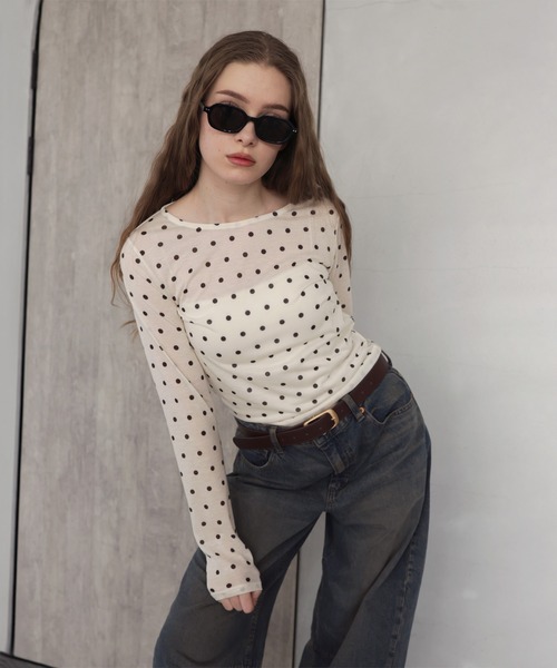 新品タグ付⭐︎DES PRÉS ラミー100% ドット柄　シアー半袖シャツ　36 Mili affinity tシャツ ドット柄ロングシアーTシャツ レディース