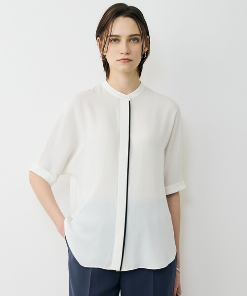 美品【ICB】バンドカラーブラウス ICB（アイシービー） uvカット ブラウス シャツ 半袖 BackSatinAmunzen