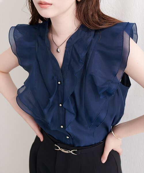 natural couture ブラウス シャツ シアープリントラッフルブラウス