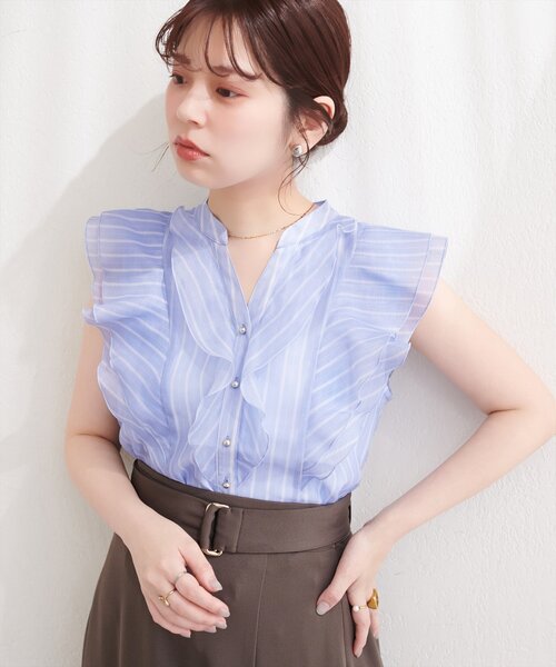natural couture ブラウス シャツ シアープリントラッフルブラウス
