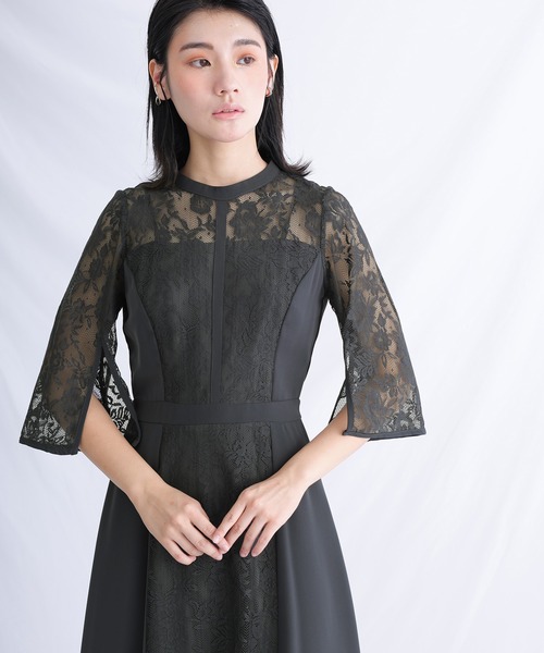 atlo（アトロ） ドレス 異素材切り替え パーティードレス お呼ばれ七分