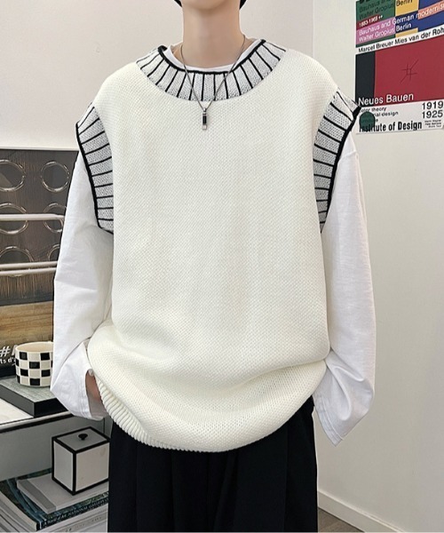 MGV ベスト ジレ ステッチデザインニットベスト メンズ