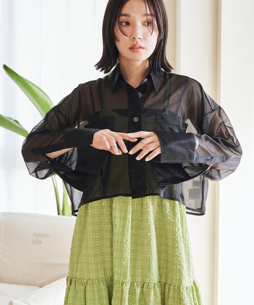 24SS SAYAKADAVIS シアークロップドシャツ　ブラック　麻　ブラウス VIS（ビス） ブラウス シャツ シアークロップドシャツ レディース