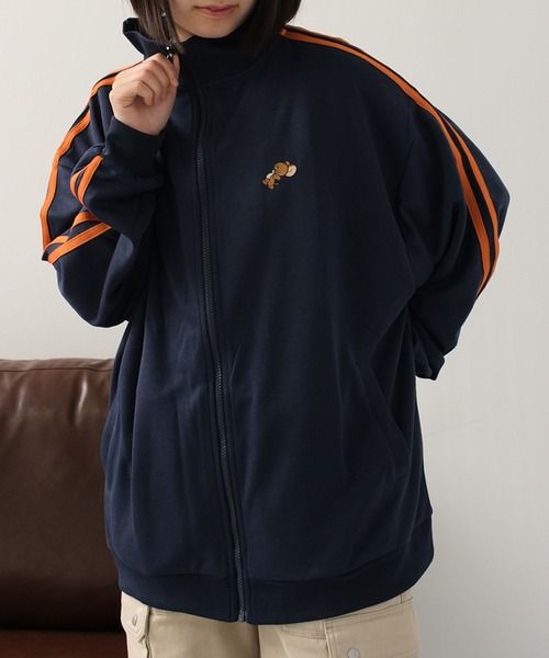 8LA1 TOM and JERRY 刺繍　トラックジャケット　ジャージ　黒 ジャージ 「Tom ＆ Jerry/トム ジェリー」 アートワークデザイン ワン