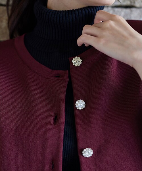 Tiaclasse カーディガン 中空糸ビジューボタンカーディガン レディース