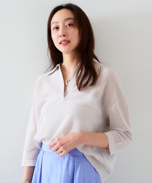 ニット セーター 「七分袖/春夏素材」メッシュ衿付きニット レディース
