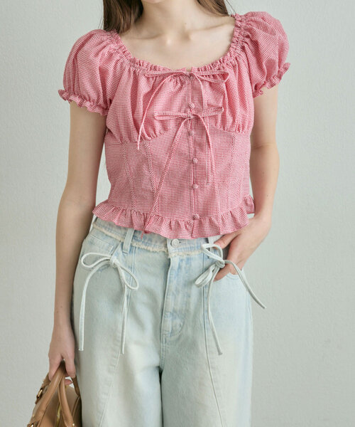 オリーブデオリーブ オフショルダーブラウス M くすみピンク レース 綿 