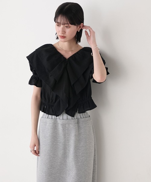 ボレロシャツ レディース トップス シャツ ブラウス ショート 半袖 パフスリーブ フェミニン フリル かわいい 大人可愛い カジュアル かっこいい ラフ 個性的 img_f9cb020c94e3a0837425db464a
