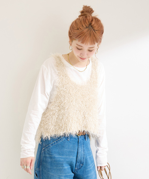 ニット セーター 「2点セット」手洗い可 / スパークシャギーニットベストxロンTEE レディース B.C STOCK ニット セーター 「2点セット」手洗い可 / スパーク