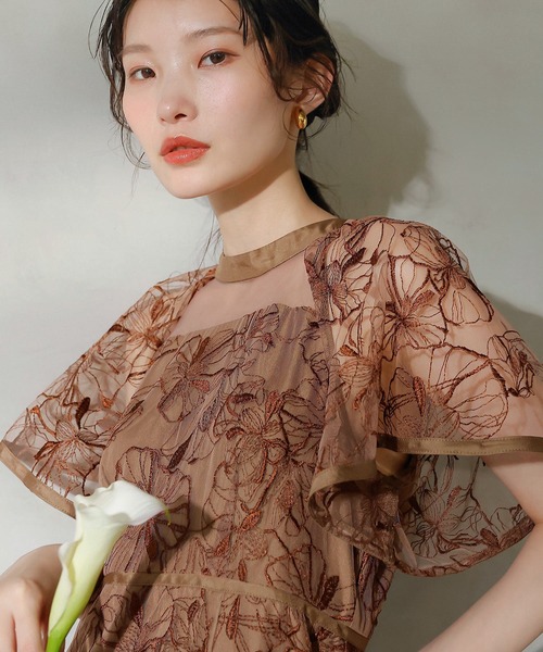 Kana ドレス フレアスリーブ 花柄刺繍レース パーティー 結婚式